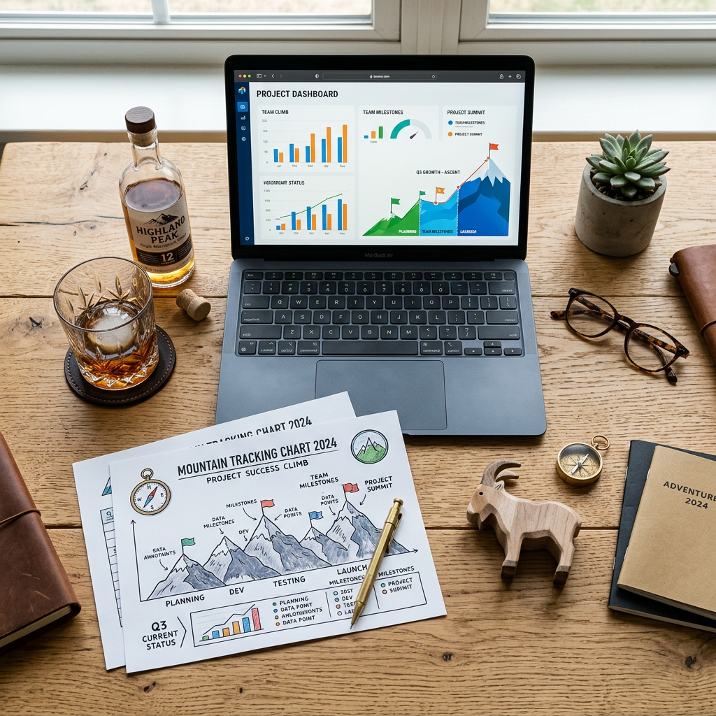 Chart and dashboard showing project milestones and progress with mountain climb theme